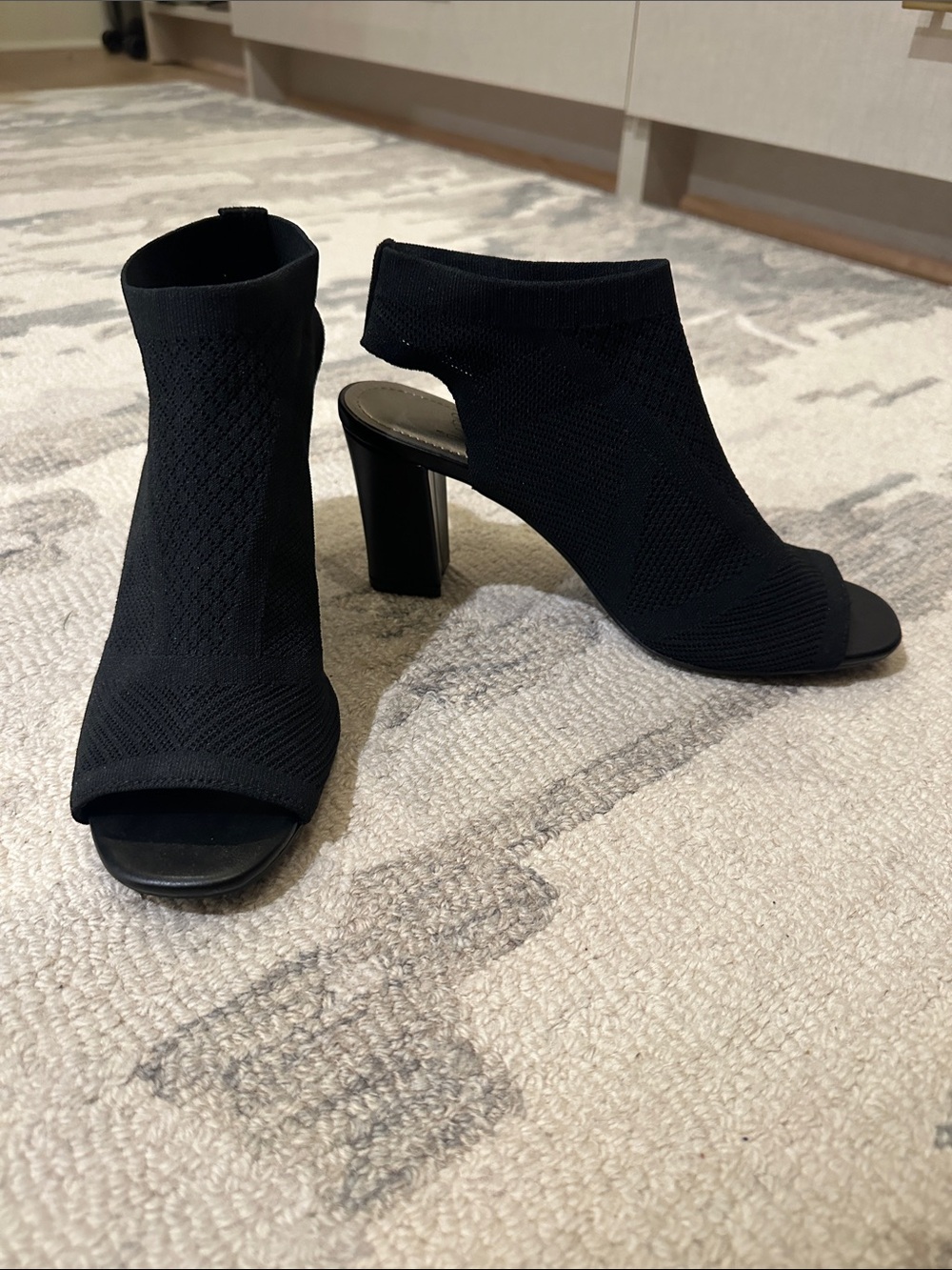 Black Knit Peep-Toe Block Heel Booties 8.5
